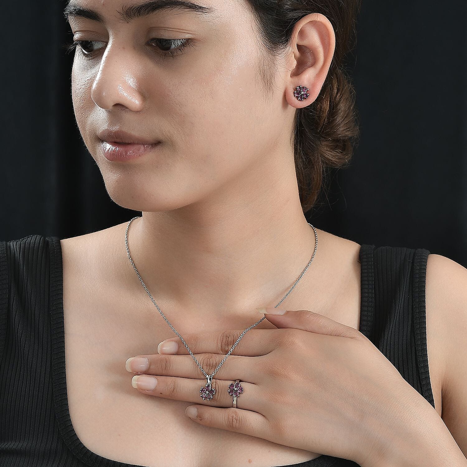 3 Piece Set -  Rhodolite Garnet Ring, Earring, Pendant with Chain (Size 20)  3.30 Ct.