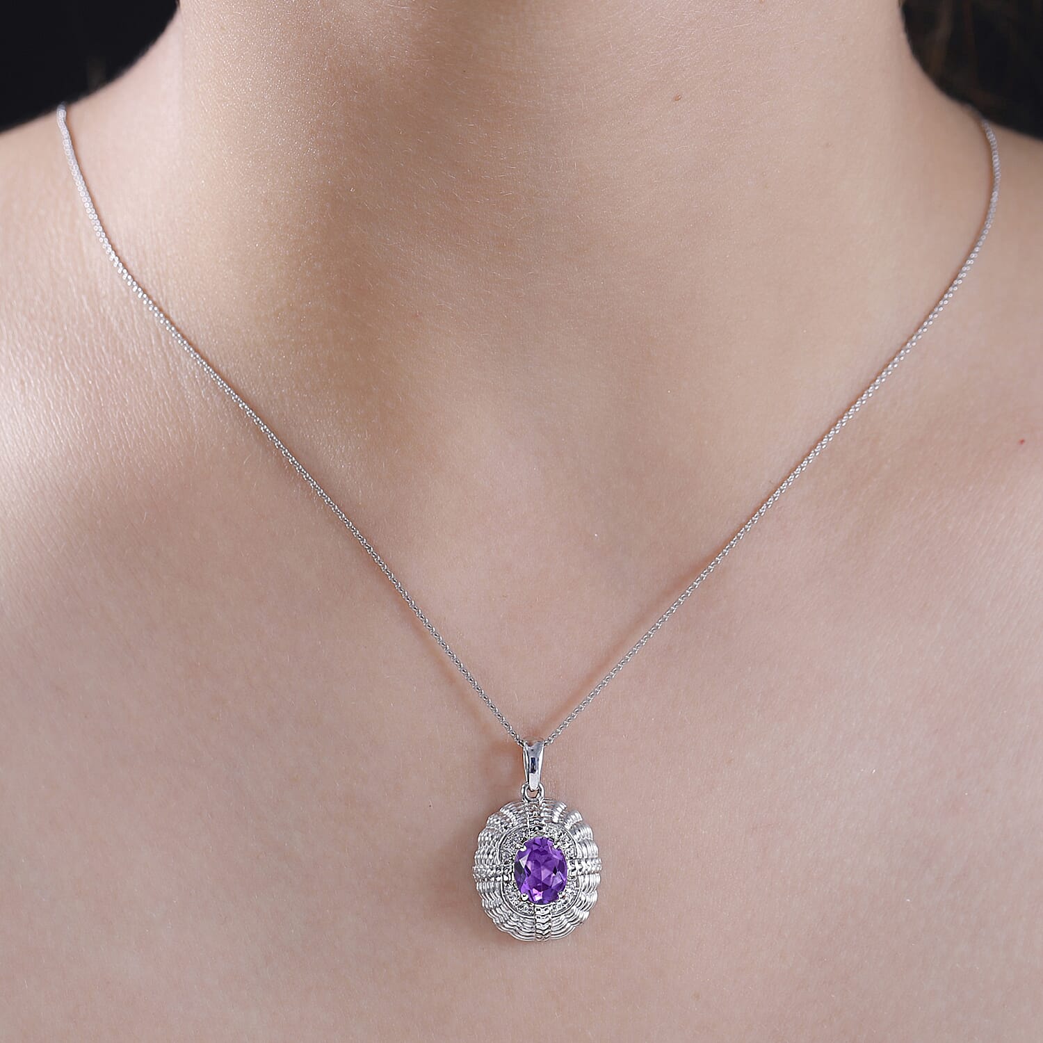 Victorian Shield Inspired Moroccan Amethyst & White Zircon Pendant with Chain (Size 20) in Rhodium Overlay Sterling Silver 1.88 Ct.