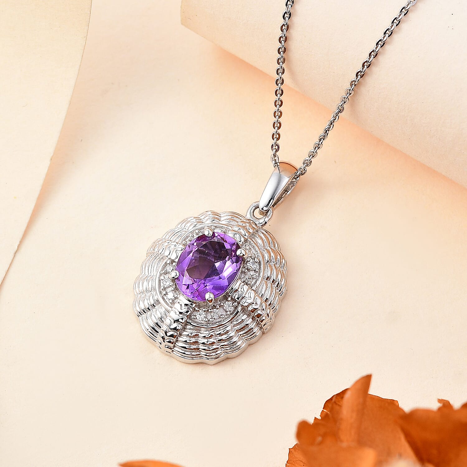 Victorian Shield Inspired Moroccan Amethyst & White Zircon Pendant with Chain (Size 20) in Rhodium Overlay Sterling Silver 1.88 Ct.