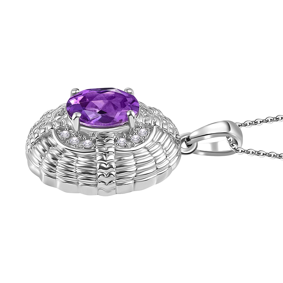 Victorian Shield Inspired Moroccan Amethyst & White Zircon Pendant with Chain (Size 20) in Rhodium Overlay Sterling Silver 1.88 Ct.