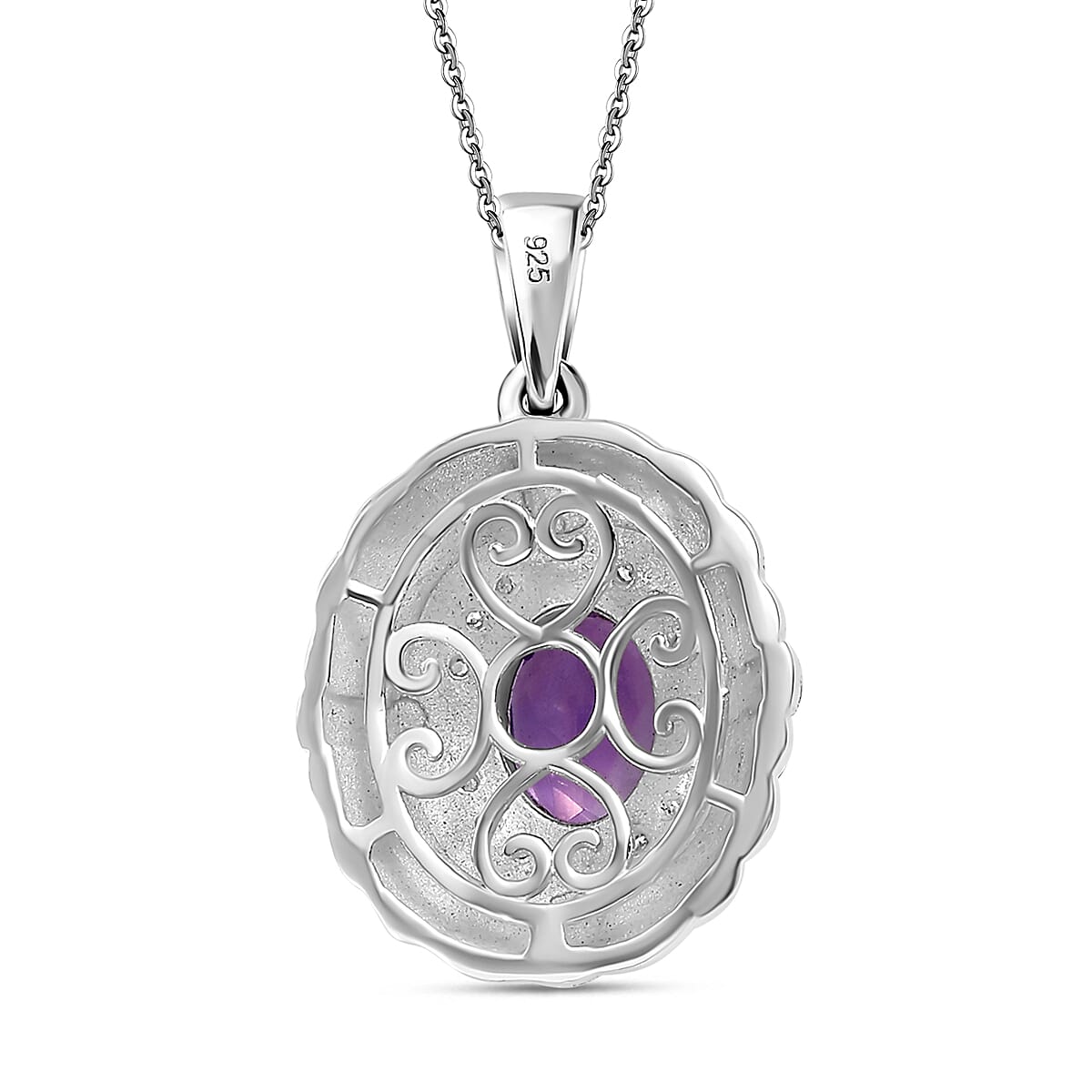 Victorian Shield Inspired Moroccan Amethyst & White Zircon Pendant with Chain (Size 20) in Rhodium Overlay Sterling Silver 1.88 Ct.