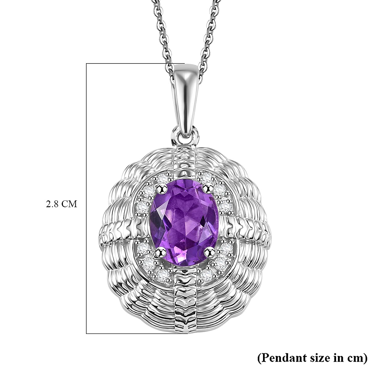 Victorian Shield Inspired Moroccan Amethyst & White Zircon Pendant with Chain (Size 20) in Rhodium Overlay Sterling Silver 1.88 Ct.