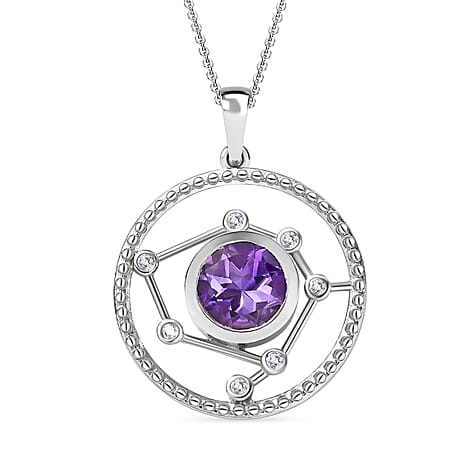 Celestial Seven Star Inspired Natural Rose De Morocco Amethyst & White Zircon Pendant with Chain (Size 20) in Rhodium overlay Sterling Silver 2.880  Ct.