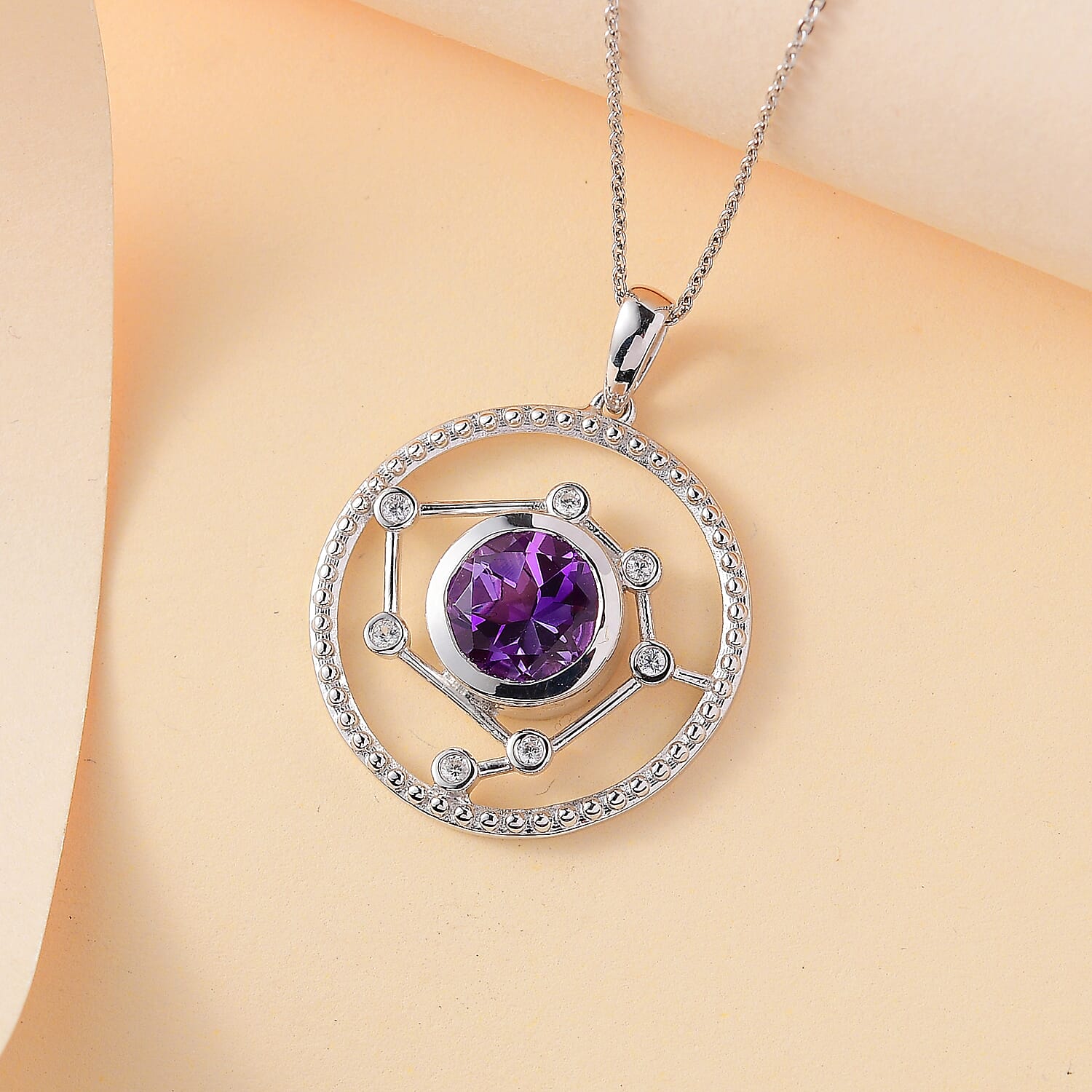 Celestial Seven Star Inspired Natural Rose De Morocco Amethyst & White Zircon Pendant with Chain (Size 20) in Rhodium overlay Sterling Silver 2.880  Ct.