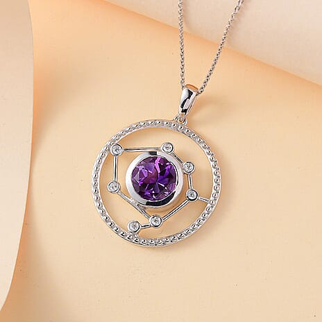 Celestial Seven Star Inspired Natural Rose De Morocco Amethyst & White Zircon Pendant with Chain (Size 20) in Rhodium overlay Sterling Silver 2.880  Ct.