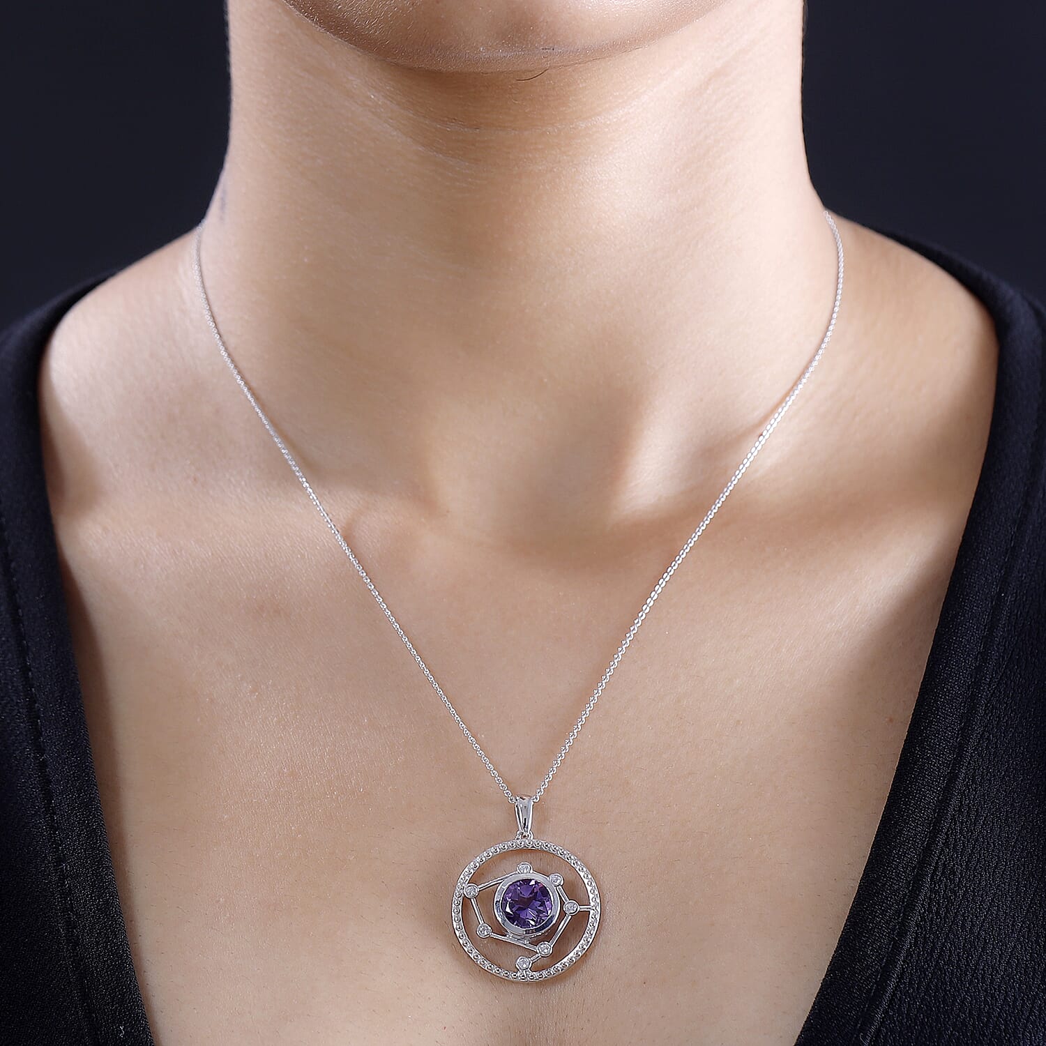 Celestial Seven Star Inspired Natural Rose De Morocco Amethyst & White Zircon Pendant with Chain (Size 20) in Rhodium overlay Sterling Silver 2.880  Ct.