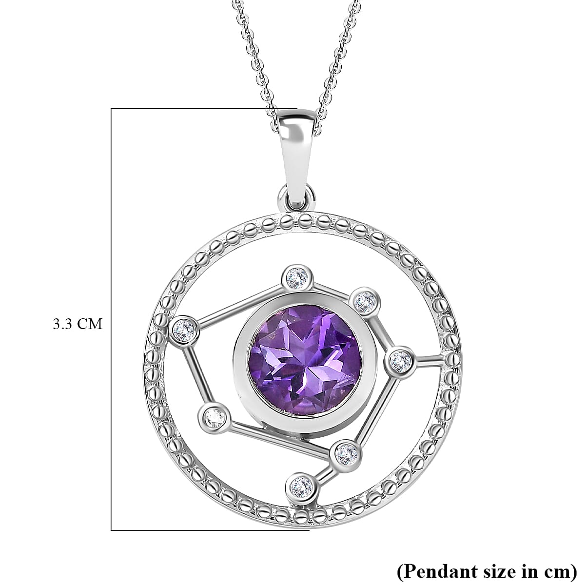 Celestial Seven Star Inspired Natural Rose De Morocco Amethyst & White Zircon Pendant with Chain (Size 20) in Rhodium overlay Sterling Silver 2.880  Ct.