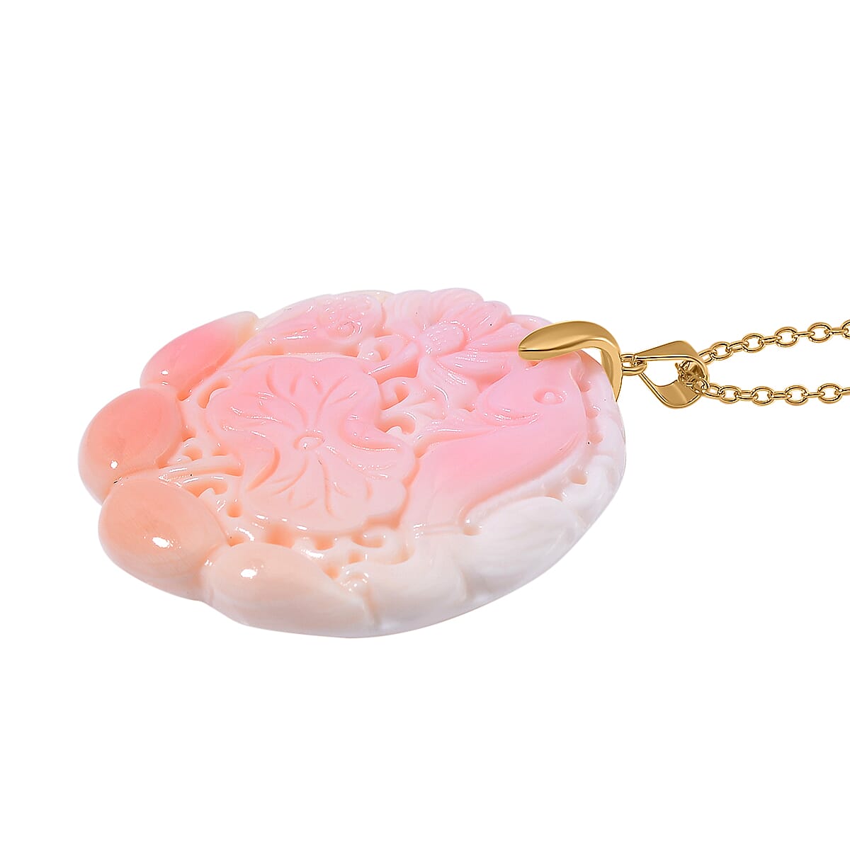 Very Rare - Queen Conch Shell Carved Pendant with Chain (Size 20) in 18K Vermeil Yellow Gold Plated Sterling Silver 90.00 Ct.