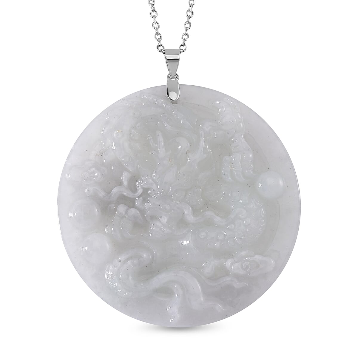 Extremely Rare Find - Dragon Carved Natural White Jadeite Jade Pendant with Chain (Size 20) in Platinum OverlaySterling Silver 120.00 Ct.