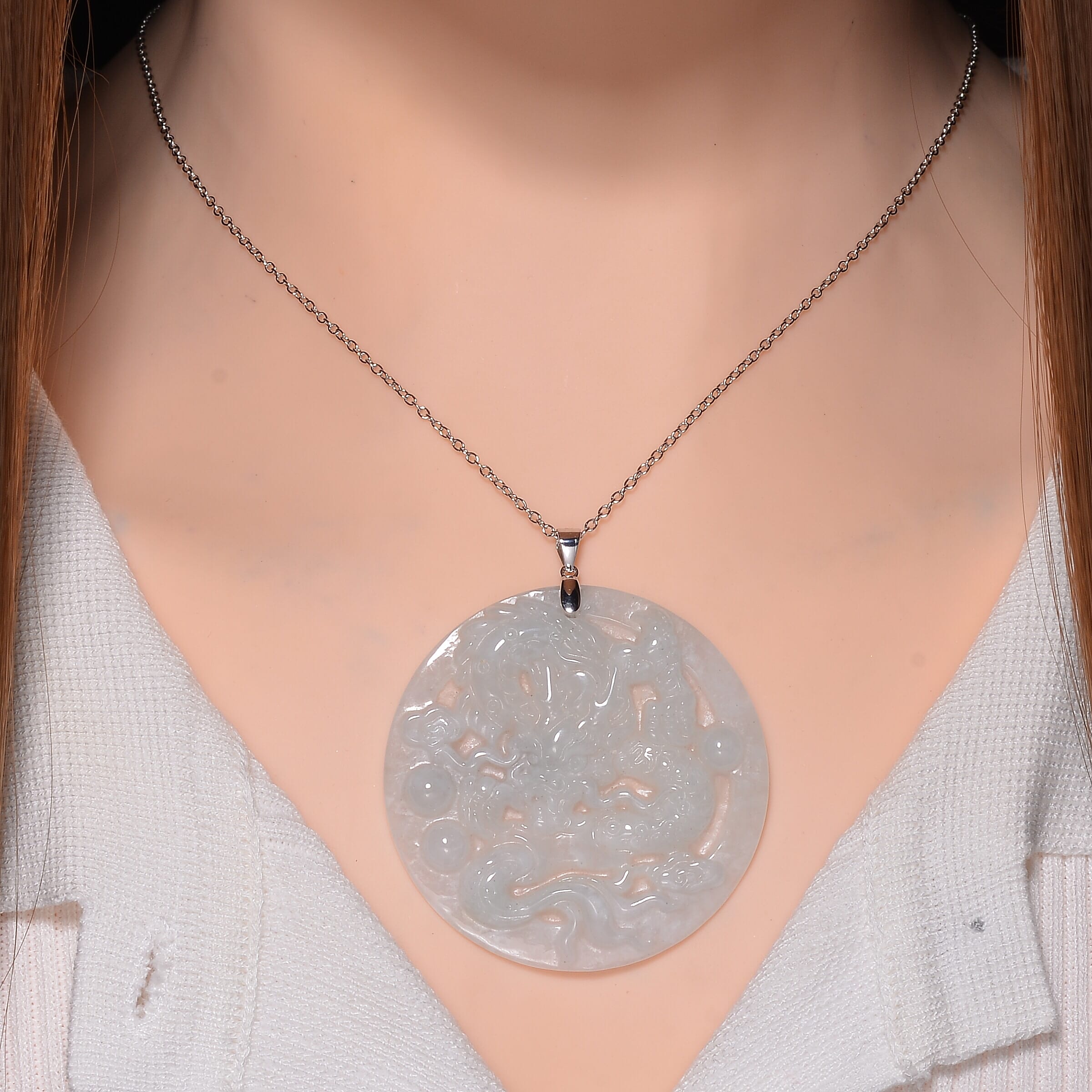 Extremely Rare Find - Dragon Carved Natural White Jadeite Jade Pendant with Chain (Size 20) in Platinum OverlaySterling Silver 120.00 Ct.