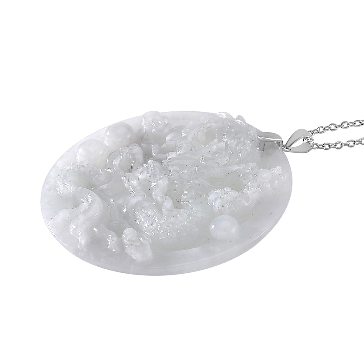 Extremely Rare Find - Dragon Carved Natural White Jadeite Jade Pendant with Chain (Size 20) in Platinum OverlaySterling Silver 120.00 Ct.
