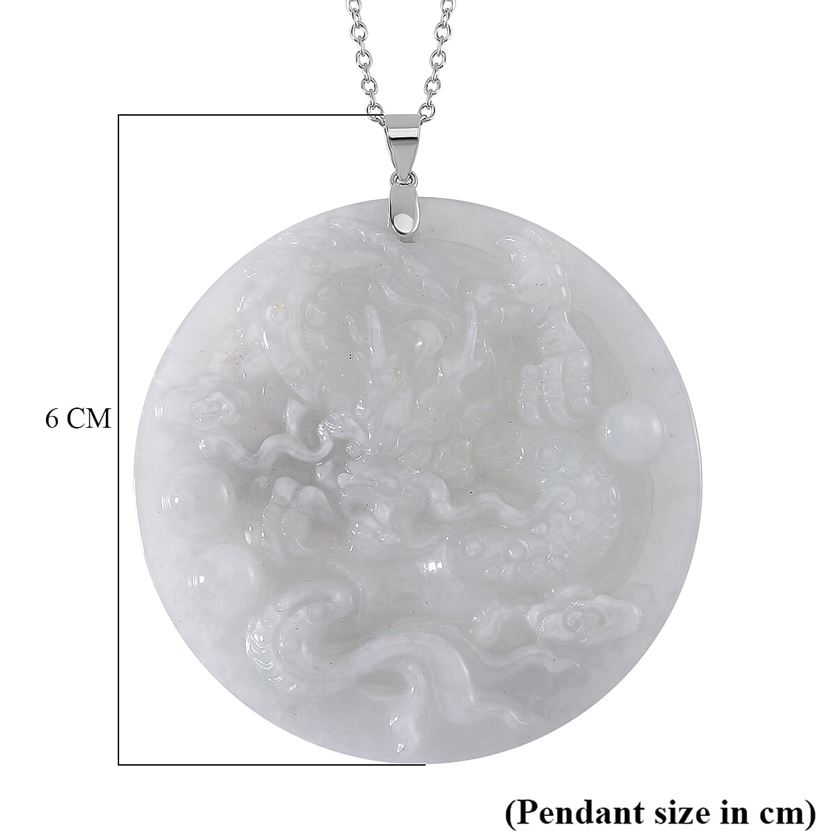 Extremely Rare Find - Dragon Carved Natural White Jadeite Jade Pendant with Chain (Size 20) in Platinum OverlaySterling Silver 120.00 Ct.