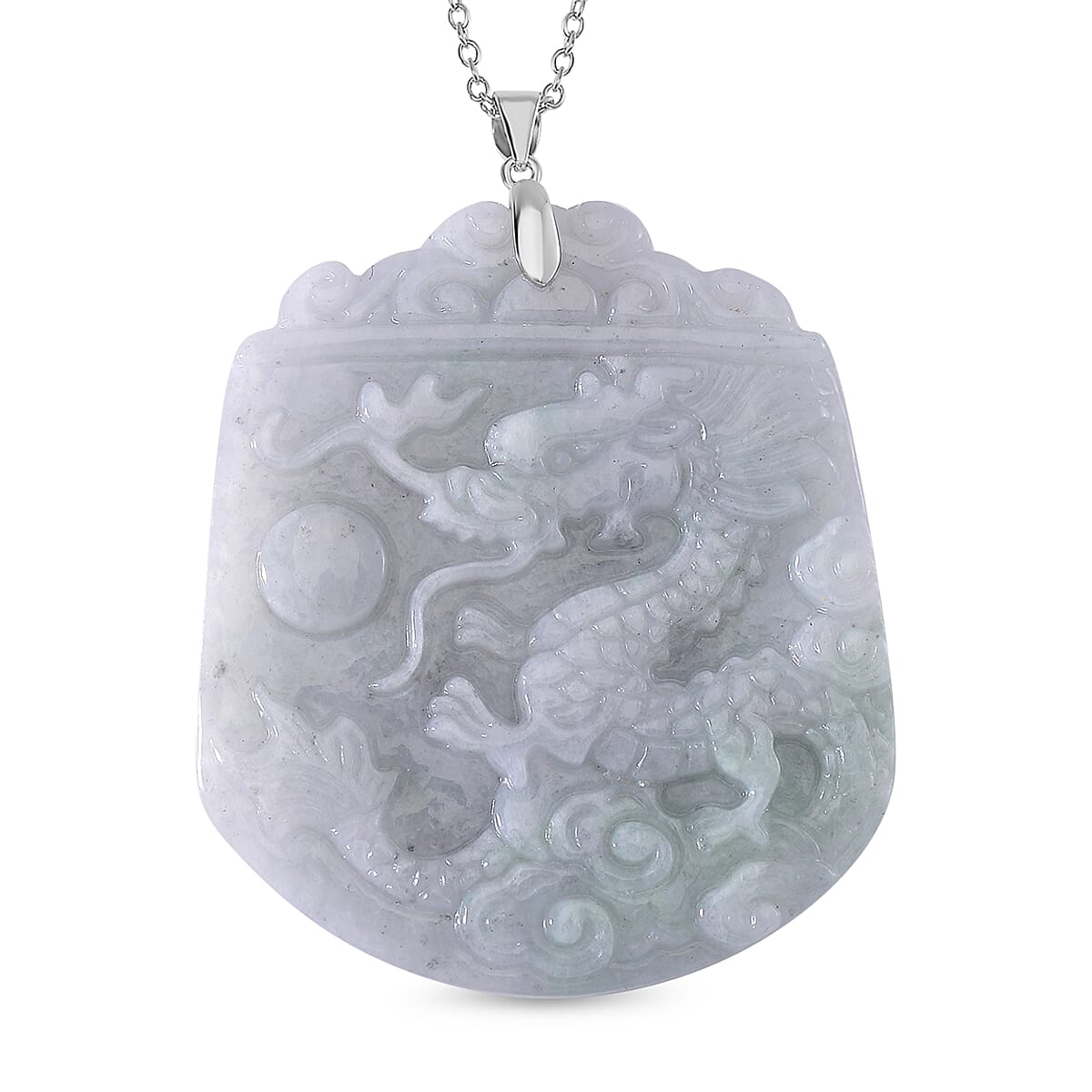 Extremely Rare Find - Dragon Carved Natural Jadeite Jade Pendant with Chain (Size 20) in Rhodium Sterling Silver  150.000  Ct.