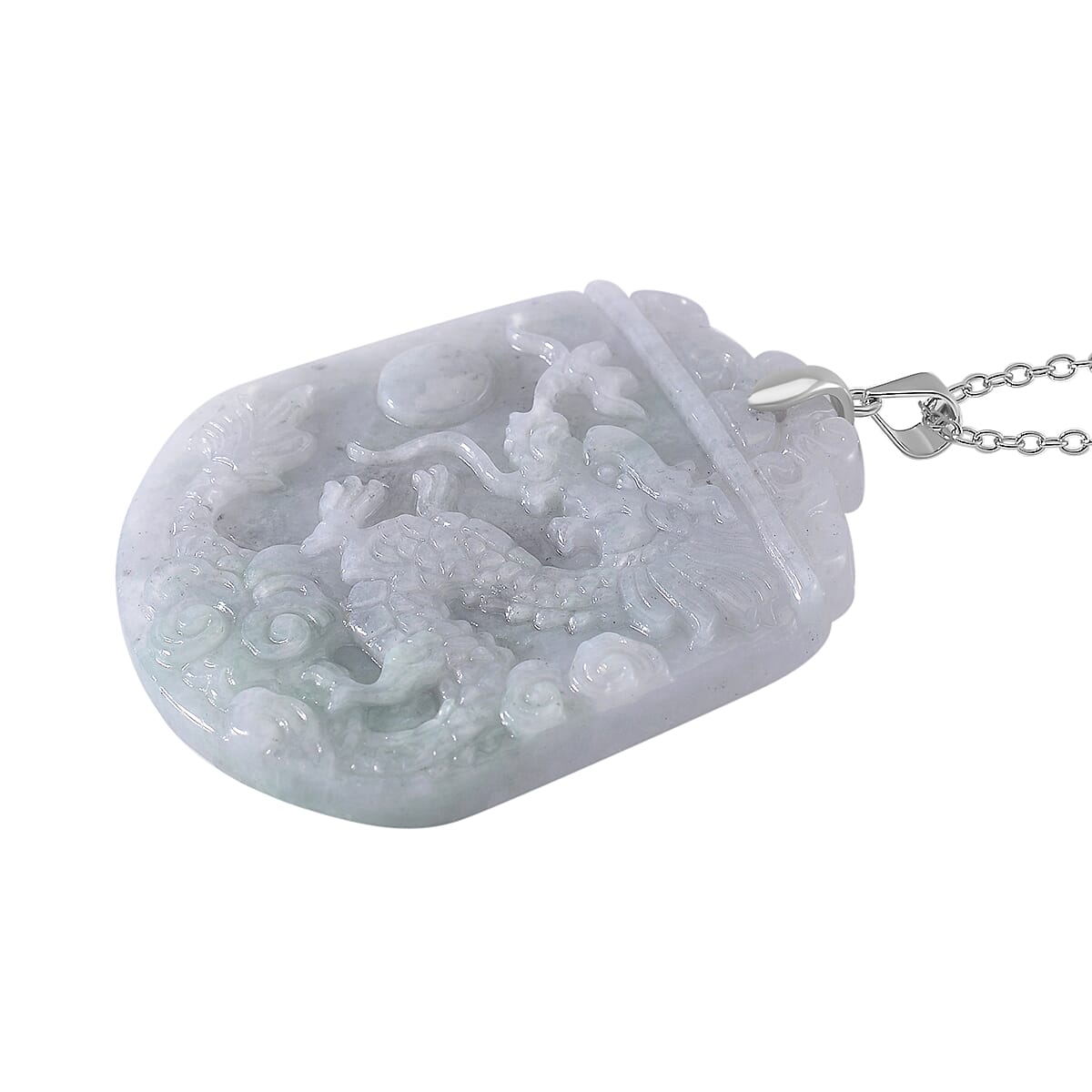 Extremely Rare Find - Dragon Carved Natural Jadeite Jade Pendant with Chain (Size 20) in Rhodium Sterling Silver  150.000  Ct.
