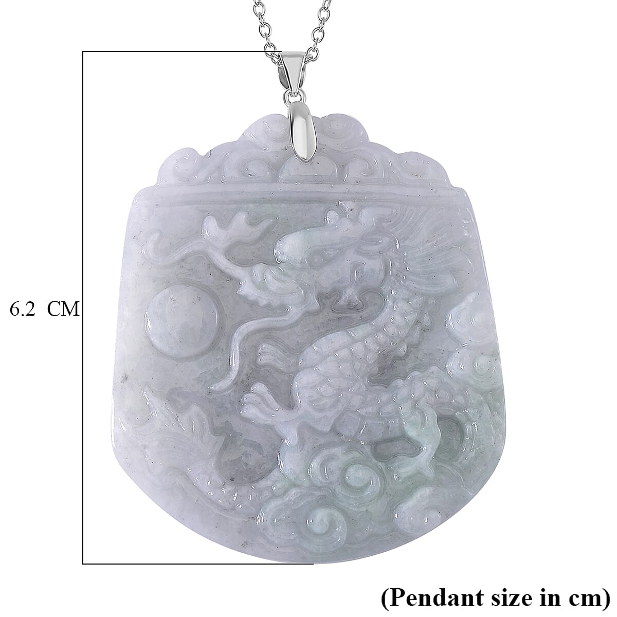 Extremely Rare Find - Dragon Carved Natural Jadeite Jade Pendant with Chain (Size 20) in Rhodium Sterling Silver  150.000  Ct.
