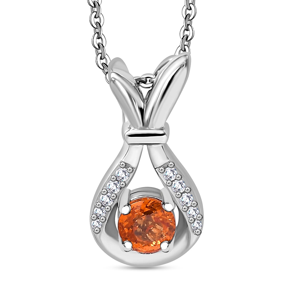 Nigerian Natural Spessartine Garnet & White Zircon Pendant With Silver Chain (Size 20) in Rhodium Sterling Silver