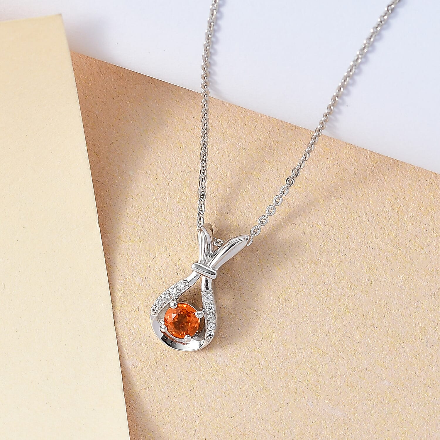 Nigerian Natural Spessartine Garnet & White Zircon Pendant With Silver Chain (Size 20) in Rhodium Sterling Silver