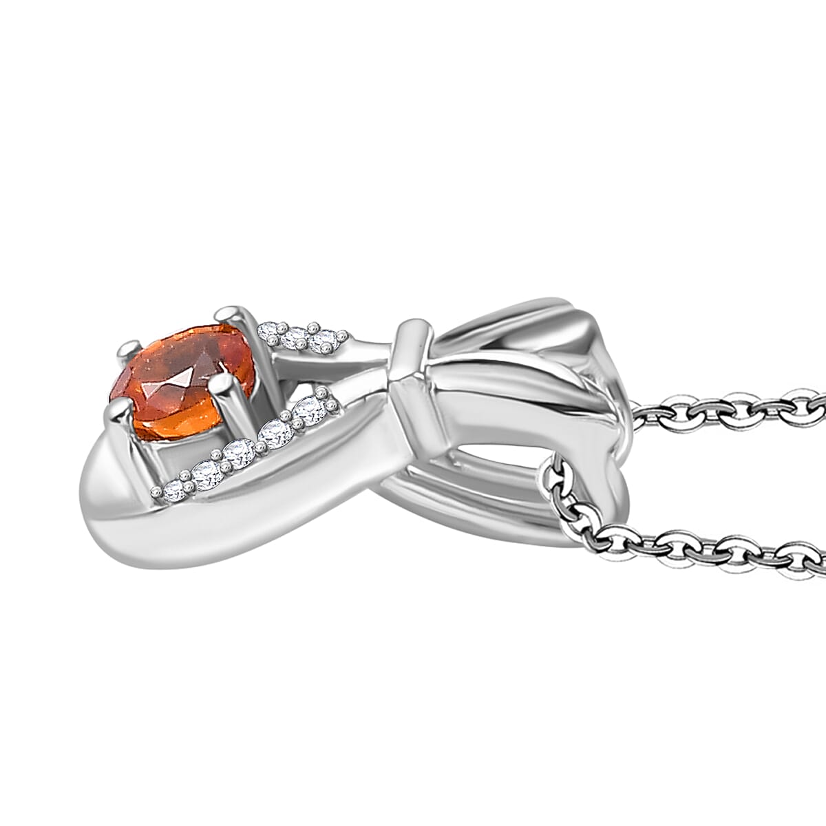 Nigerian Natural Spessartine Garnet & White Zircon Pendant With Silver Chain (Size 20) in Rhodium Sterling Silver
