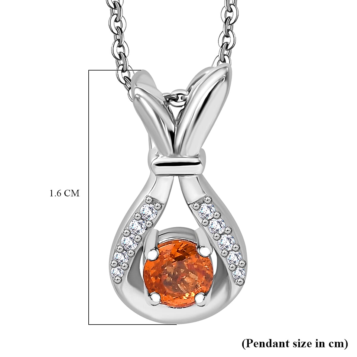 Nigerian Natural Spessartine Garnet & White Zircon Pendant With Silver Chain (Size 20) in Rhodium Sterling Silver