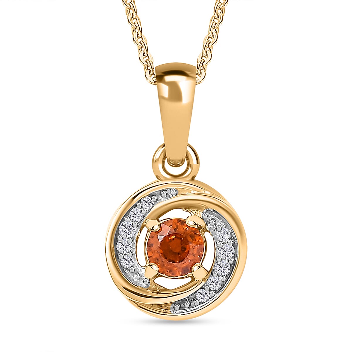 Nigerian Natural Spessartine Garnet, White Zircon Pendant With Silver Chain (Size 20) in 18K Vermeil Yellow Gold Plated Sterling Silver 0.62 Ct.
