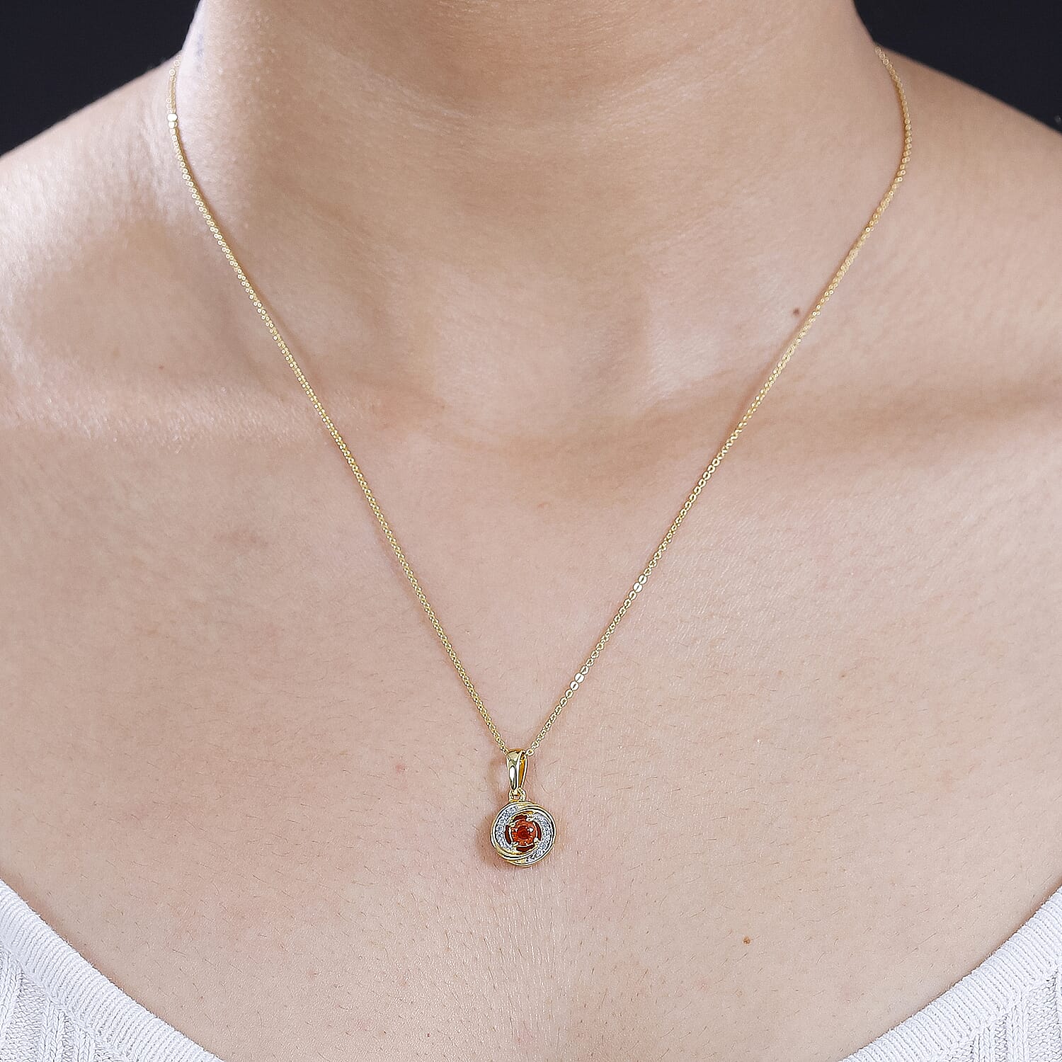 Nigerian Natural Spessartine Garnet, White Zircon Pendant With Silver Chain (Size 20) in 18K Vermeil Yellow Gold Plated Sterling Silver 0.62 Ct.