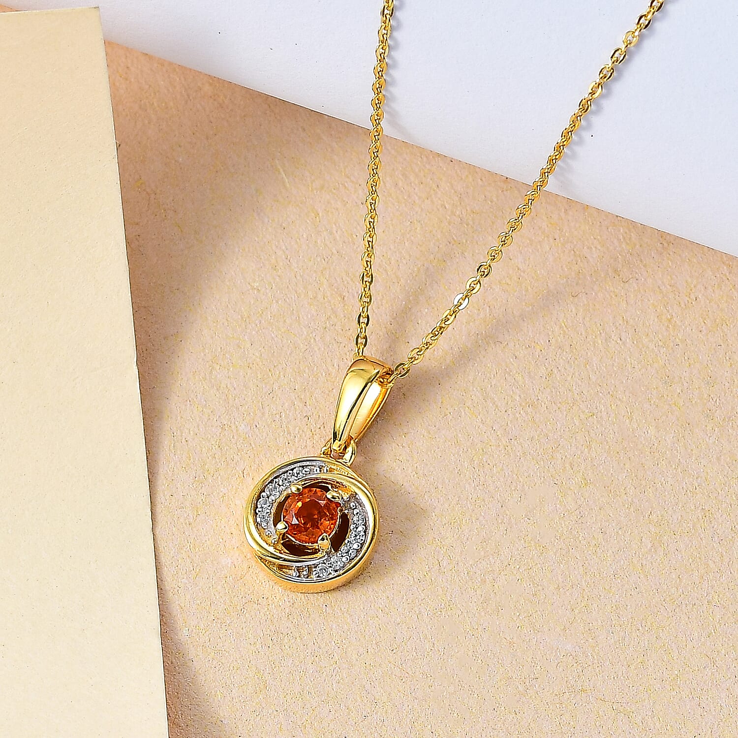 Nigerian Natural Spessartine Garnet, White Zircon Pendant With Silver Chain (Size 20) in 18K Vermeil Yellow Gold Plated Sterling Silver 0.62 Ct.