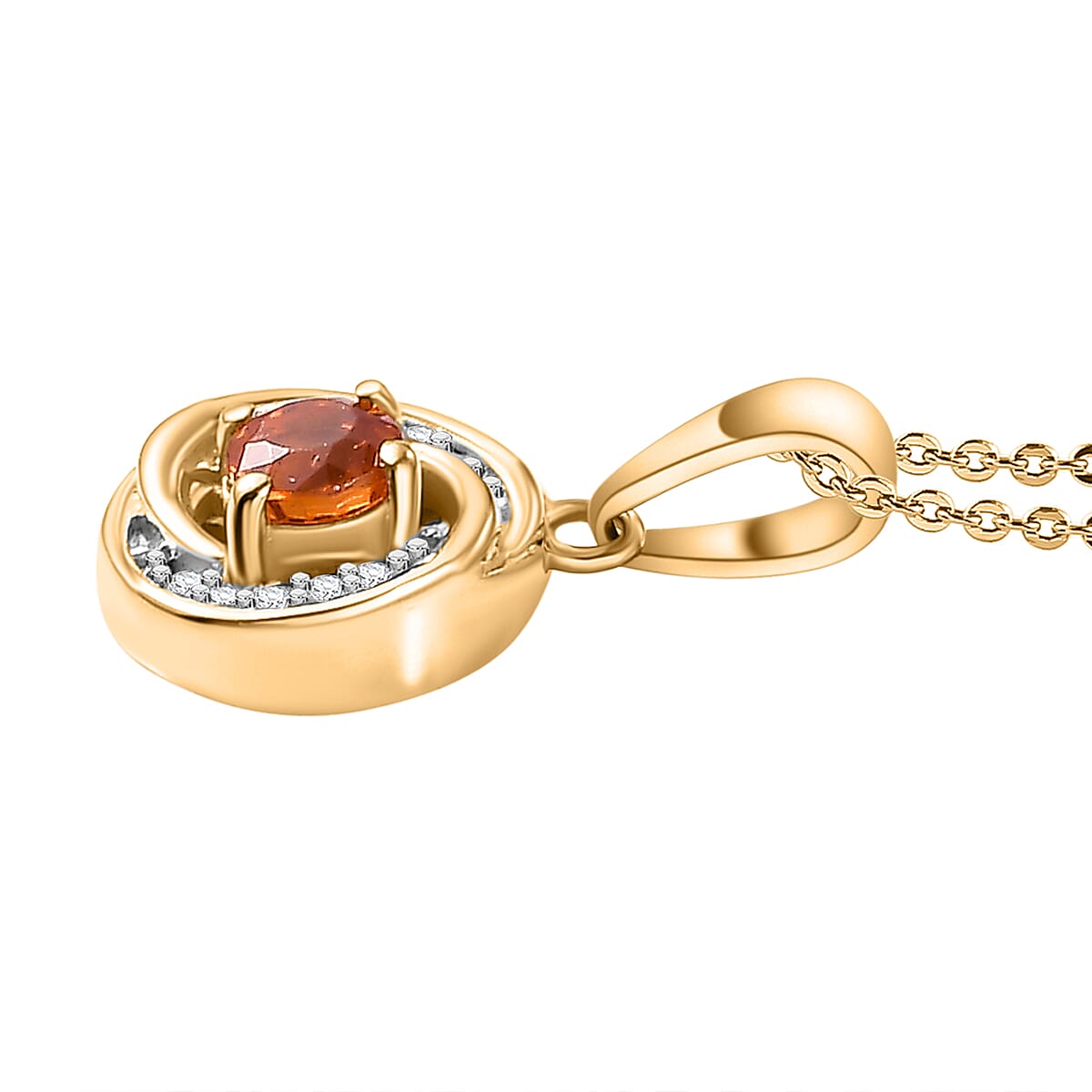 Nigerian Natural Spessartine Garnet, White Zircon Pendant With Silver Chain (Size 20) in 18K Vermeil Yellow Gold Plated Sterling Silver 0.62 Ct.