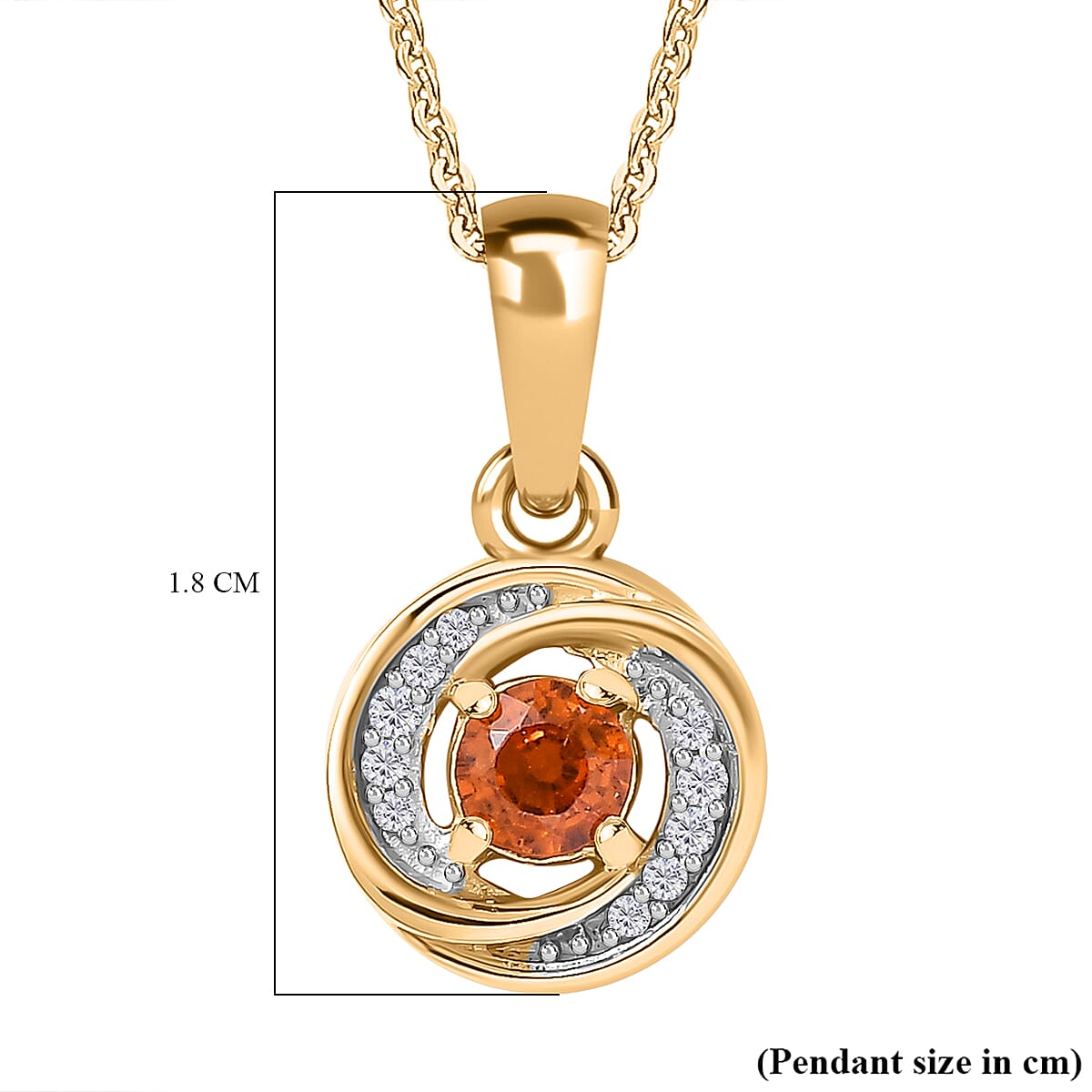 Nigerian Natural Spessartine Garnet, White Zircon Pendant With Silver Chain (Size 20) in 18K Vermeil Yellow Gold Plated Sterling Silver 0.62 Ct.