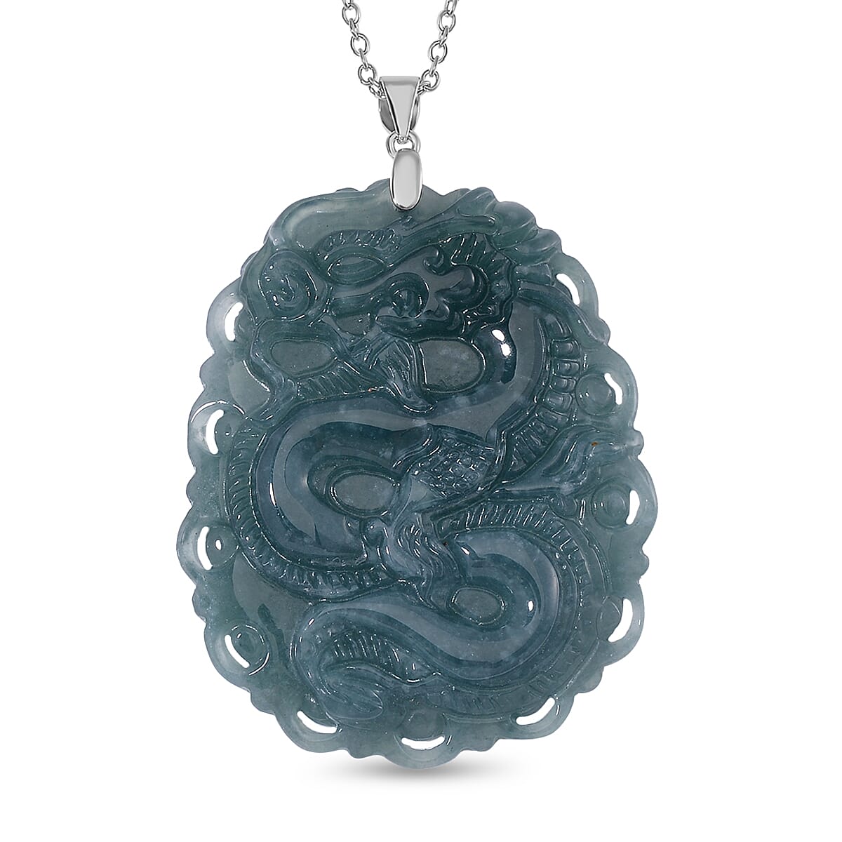 Natural Type A Olmec Jadeite Dragon Pixiu Carved Pendant with Chain (Size 20) in Rhodium Sterling Silver 100.000  Ct.