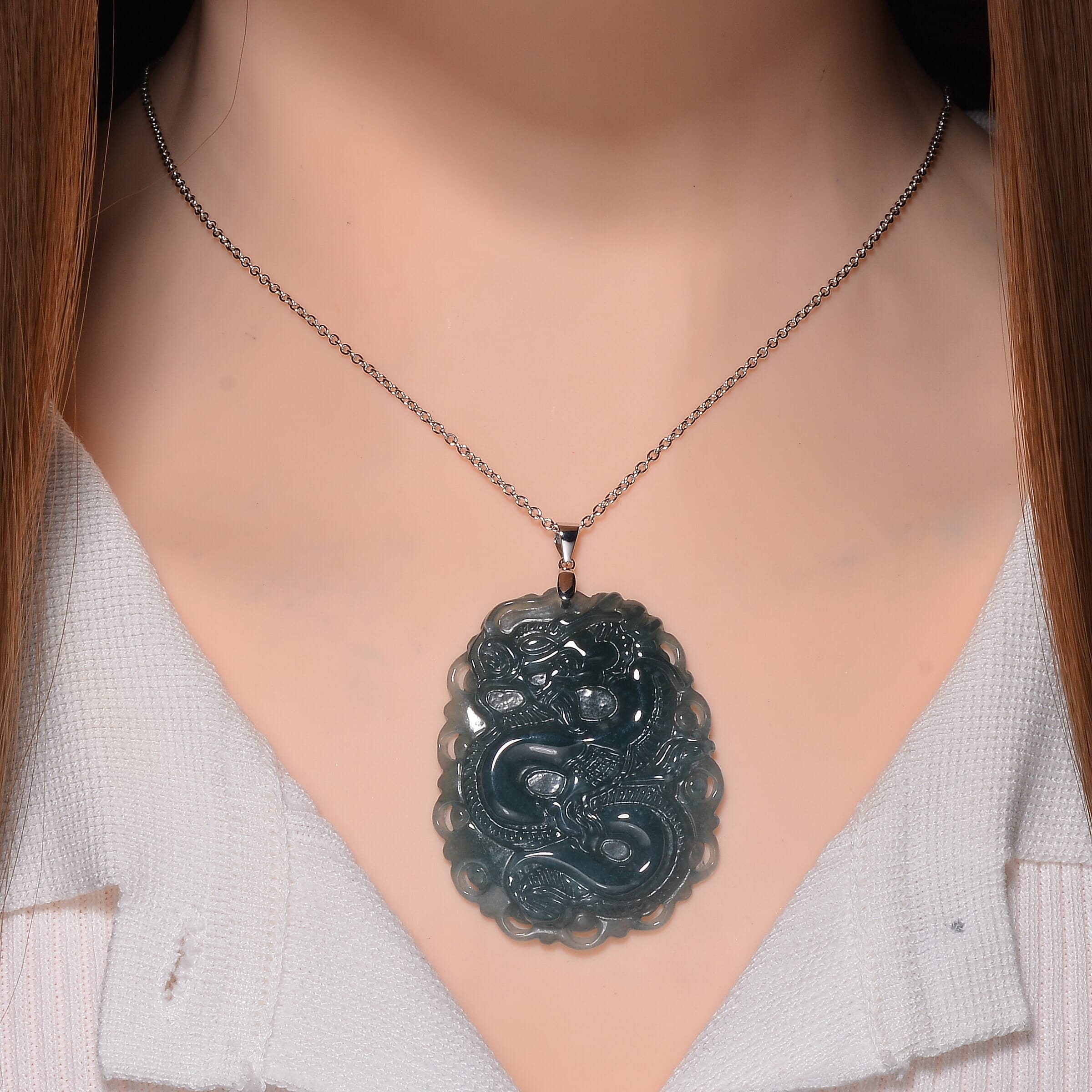 Natural Type A Olmec Jadeite Dragon Pixiu Carved Pendant with Chain (Size 20) in Rhodium Sterling Silver 100.000  Ct.