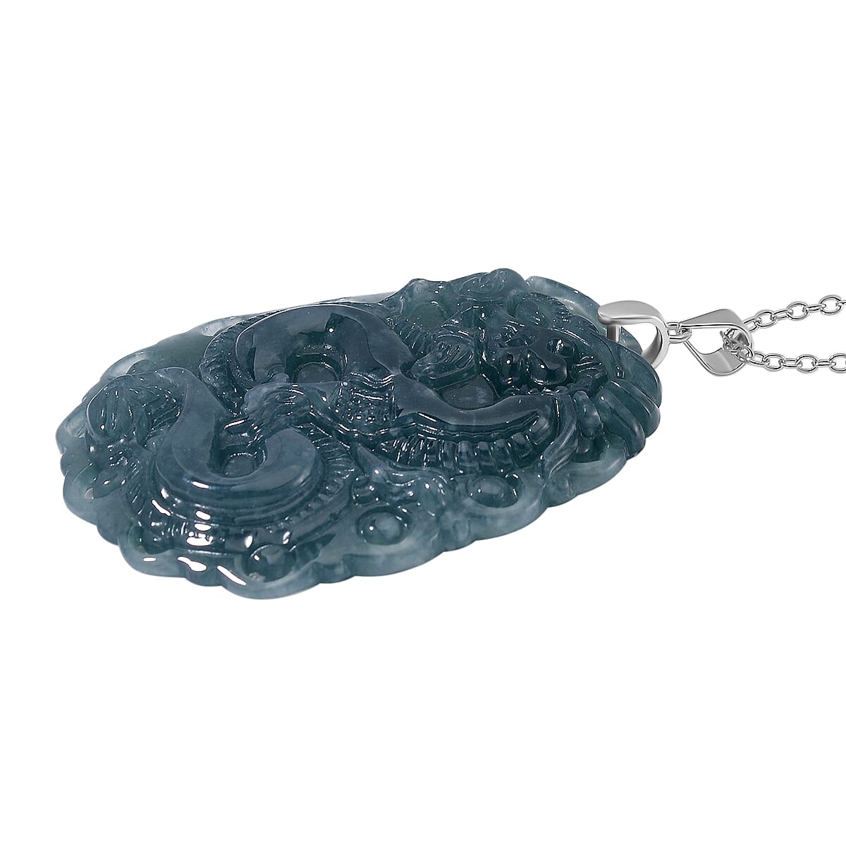 Natural Type A Olmec Jadeite Dragon Pixiu Carved Pendant with Chain (Size 20) in Rhodium Sterling Silver 100.000  Ct.