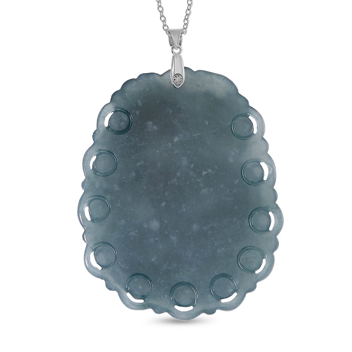 Natural Type A Olmec Jadeite Dragon Pixiu Carved Pendant with Chain (Size 20) in Rhodium Sterling Silver 100.000  Ct.