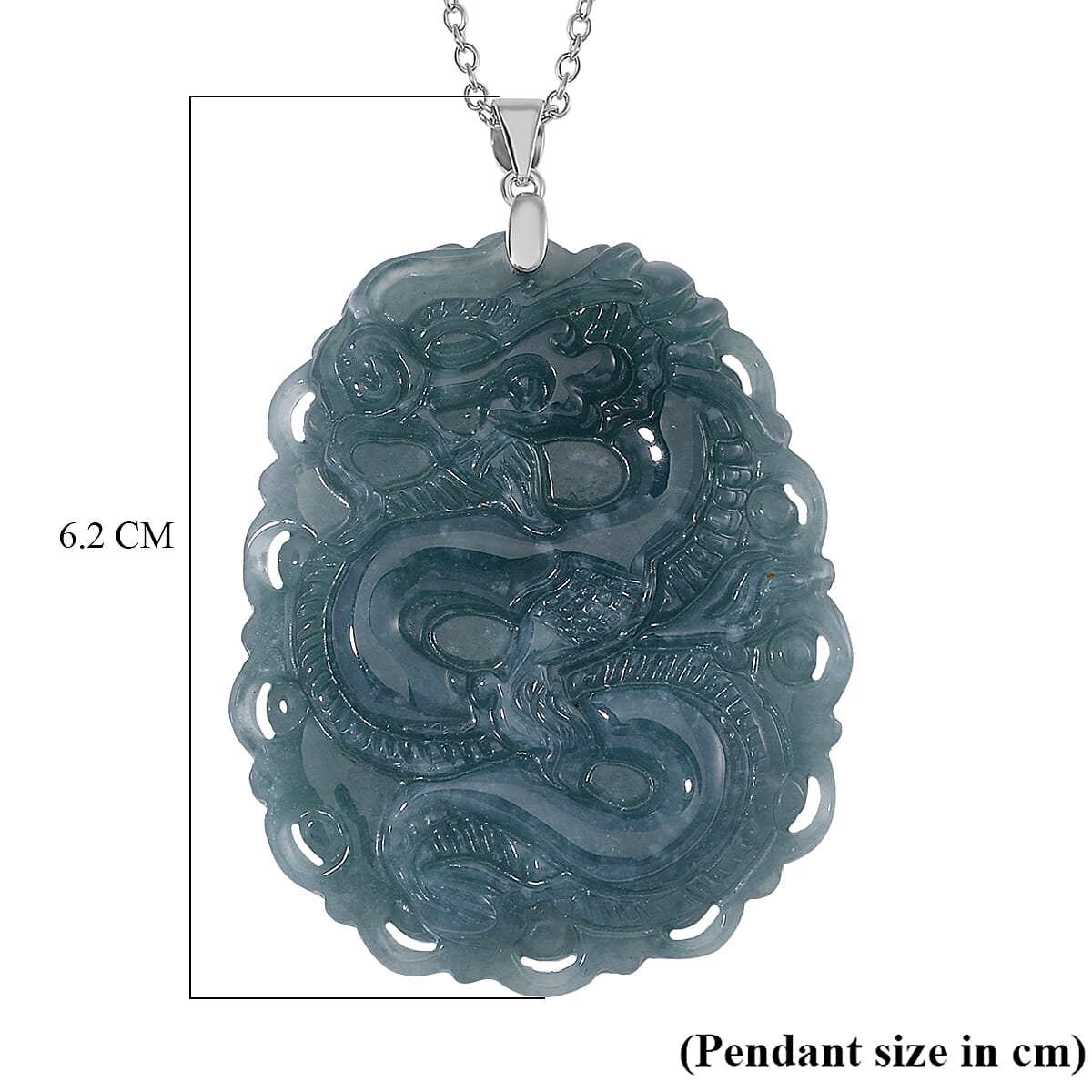 Natural Type A Olmec Jadeite Dragon Pixiu Carved Pendant with Chain (Size 20) in Rhodium Sterling Silver 100.000  Ct.