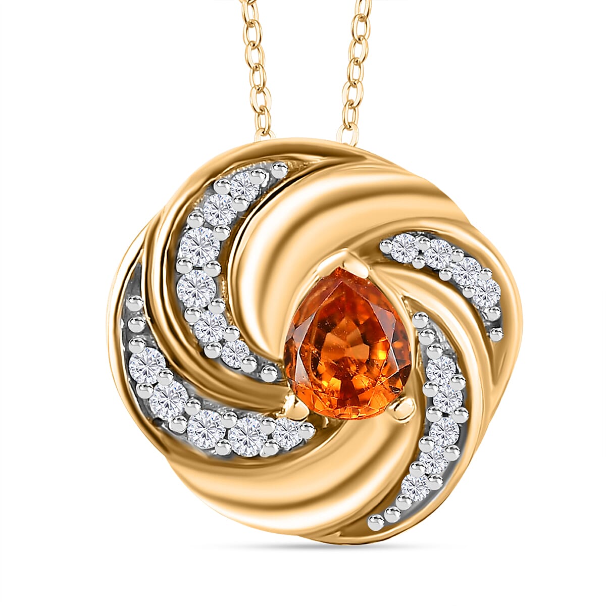 Nigerian Natural Spessartine Garnet & White Zircon Pendant With Chain (Size 20) in 18K Vermeil Yellow Gold Plated Sterling Silver 1.28 Ct.