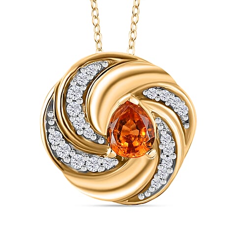Nigerian Natural Spessartine Garnet, White Zircon Pendant With Silver Chain (Size 20) in 18K Vermeil Yellow Gold Plated Sterling Silver 1.280 Ct.