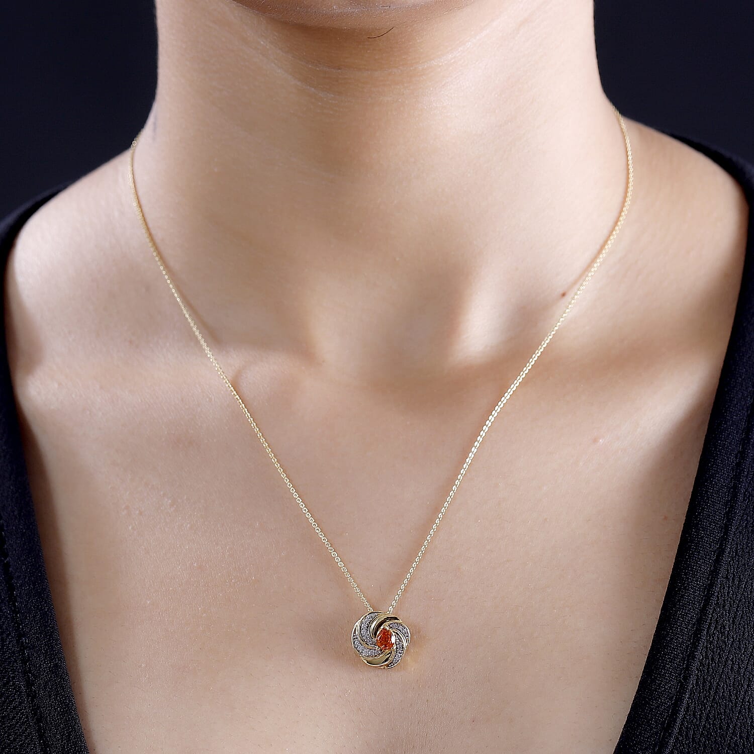 Nigerian Natural Spessartine Garnet & White Zircon Pendant With Chain (Size 20) in 18K Vermeil Yellow Gold Plated Sterling Silver 1.28 Ct.
