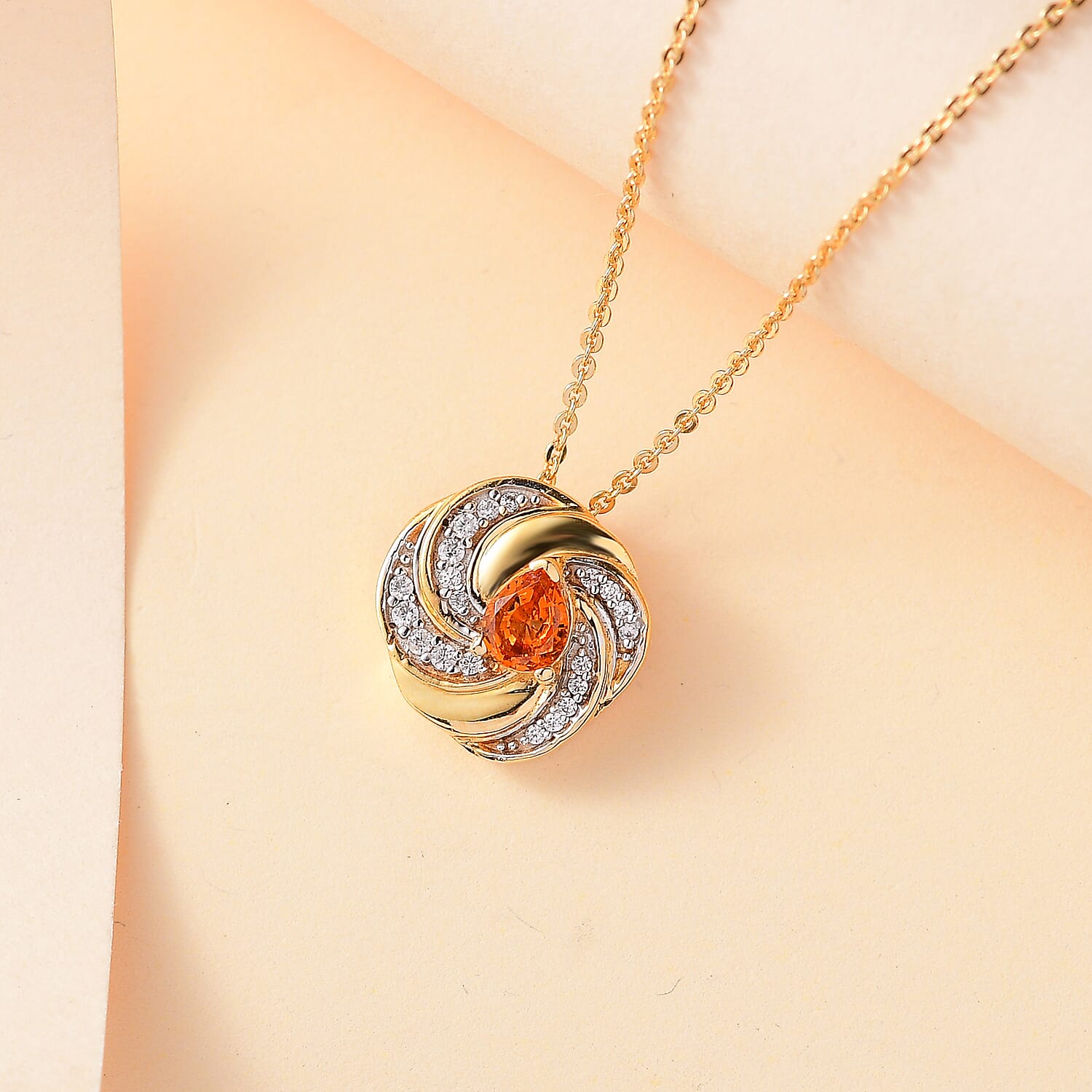 Nigerian Natural Spessartine Garnet & White Zircon Pendant With Chain (Size 20) in 18K Vermeil Yellow Gold Plated Sterling Silver 1.28 Ct.