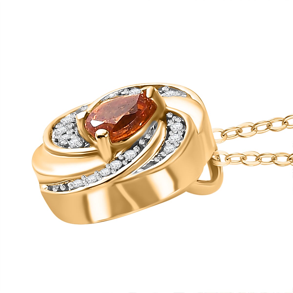 Nigerian Natural Spessartine Garnet & White Zircon Pendant With Chain (Size 20) in 18K Vermeil Yellow Gold Plated Sterling Silver 1.28 Ct.