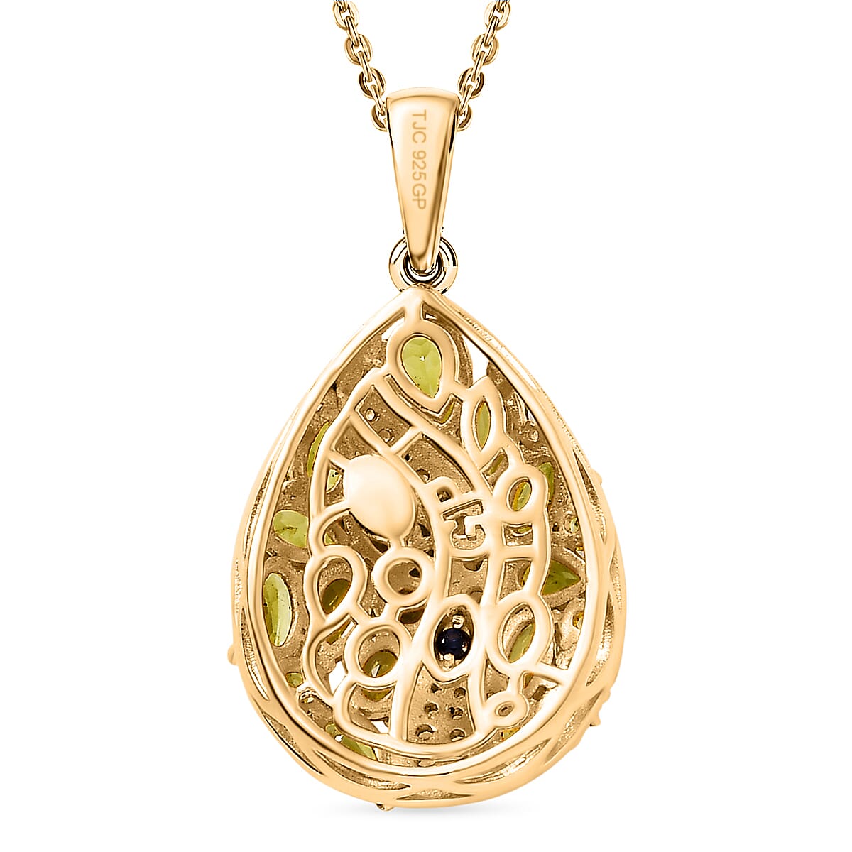 GP Italian Garden Collection - Peridot, White Zircon & Blue Sapphire Pendant with Chain (Size 20) in Rhodium Overlay Sterling Silver 4.24 Ct, Silver Wt. 8.01 Gms.