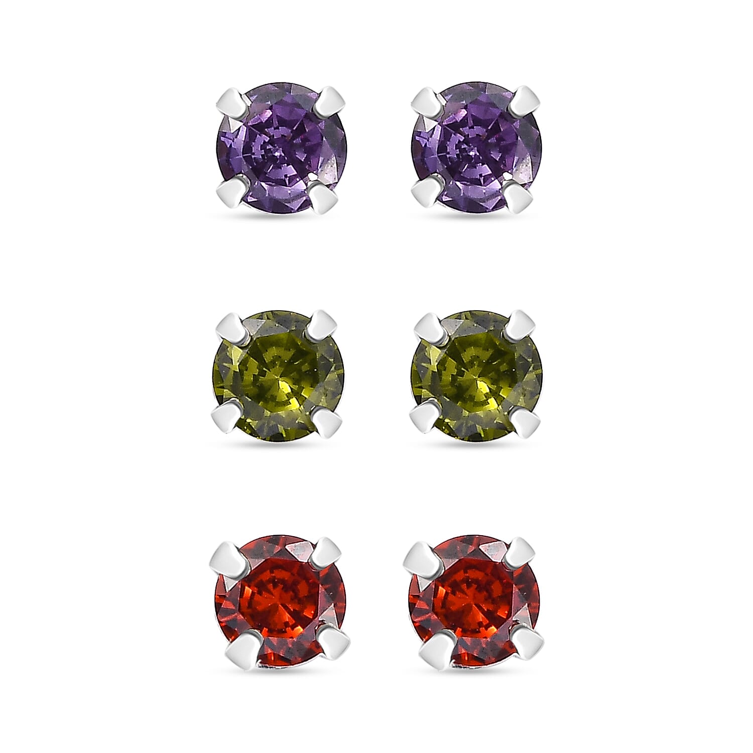 Set of 3 -  Garnet Cubic Zirconia  Peridot Cubic Zirconia  Amethyst Cubic Zirconia Earring  Sterling Silver  3.000  Ct.