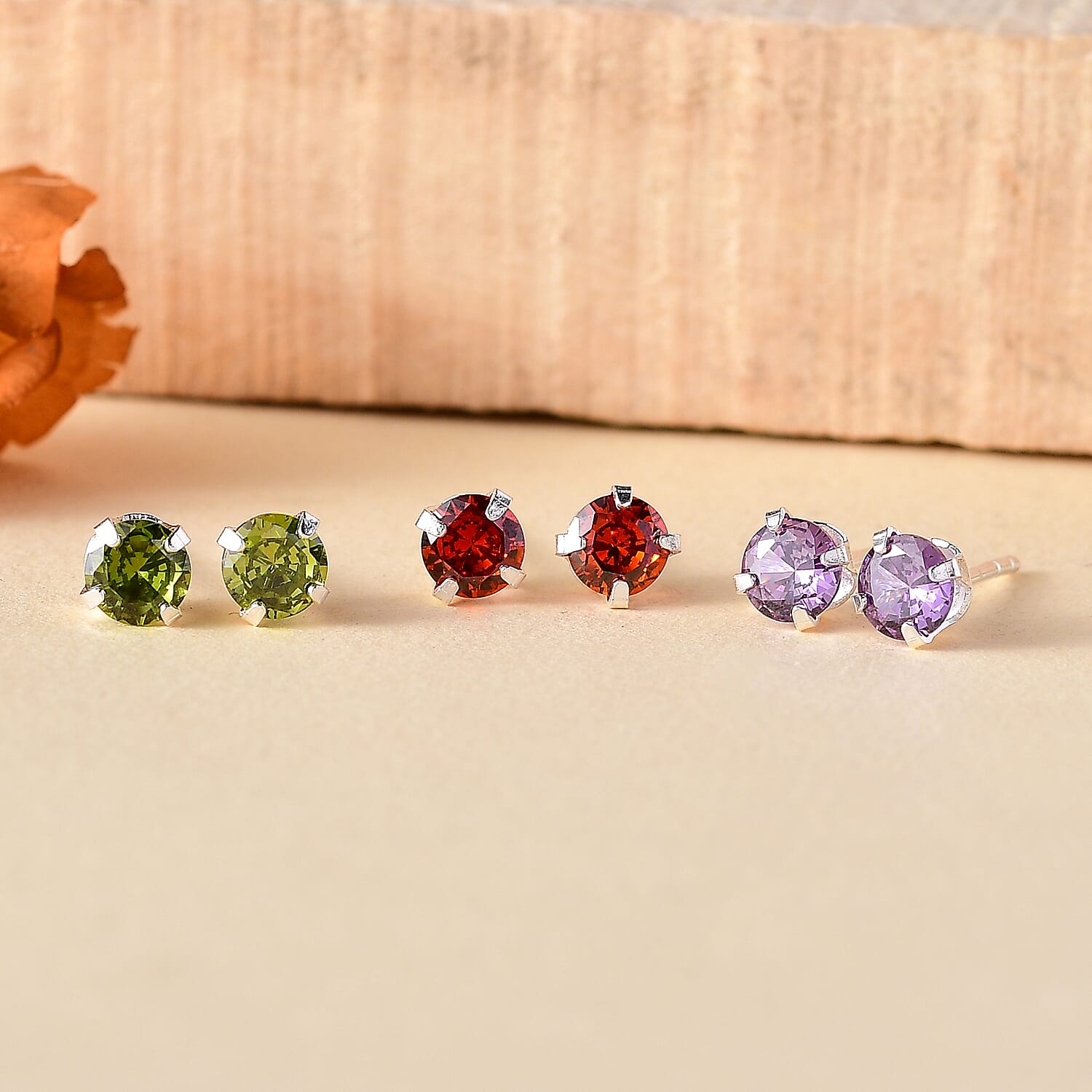 Set of 3 -  Garnet Cubic Zirconia  Peridot Cubic Zirconia  Amethyst Cubic Zirconia Earring  Sterling Silver  3.000  Ct.