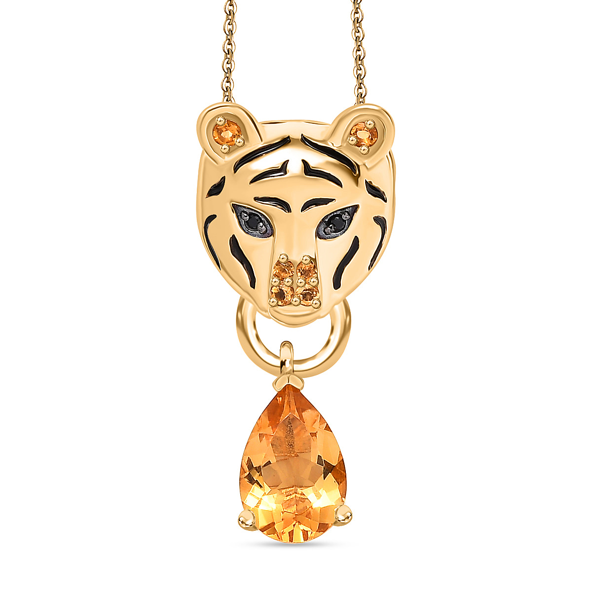 GP Tiger Totem Collection - Citrine & Black Spinel Tiger Head Pendant with Chain (Size 20) in 18K YG Vermeil Sterlng Silver