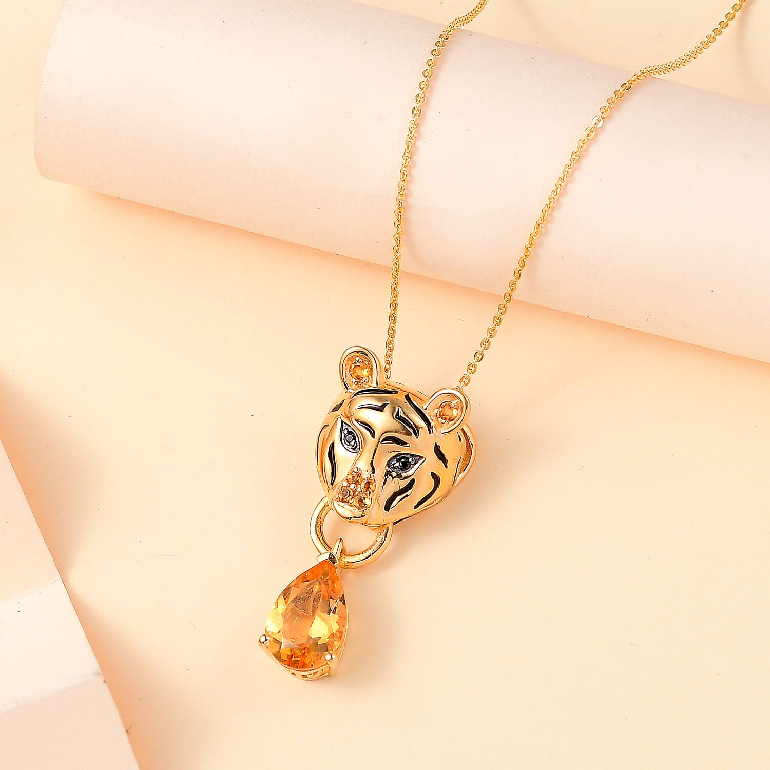 GP Tiger Totem Collection - Citrine & Black Spinel Tiger Head Pendant with Silver Chain (Size 20) in 18K Vermeil Yellow Gold Plated Sterlng Silver 2.94 Ct