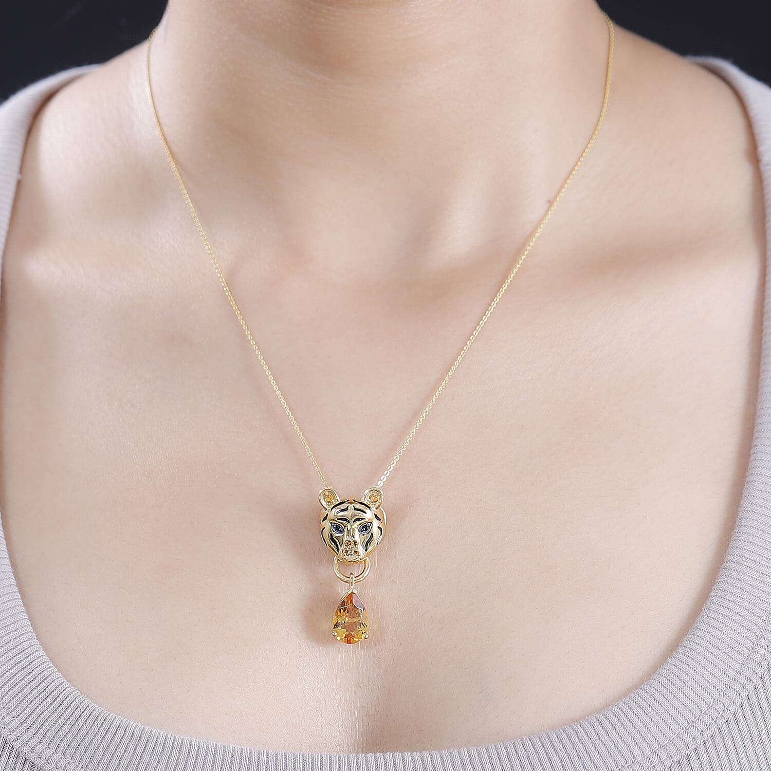 GP Tiger Totem Collection - Citrine & Black Spinel Tiger Head Pendant with Silver Chain (Size 20) in 18K Vermeil Yellow Gold Plated Sterlng Silver 2.94 Ct