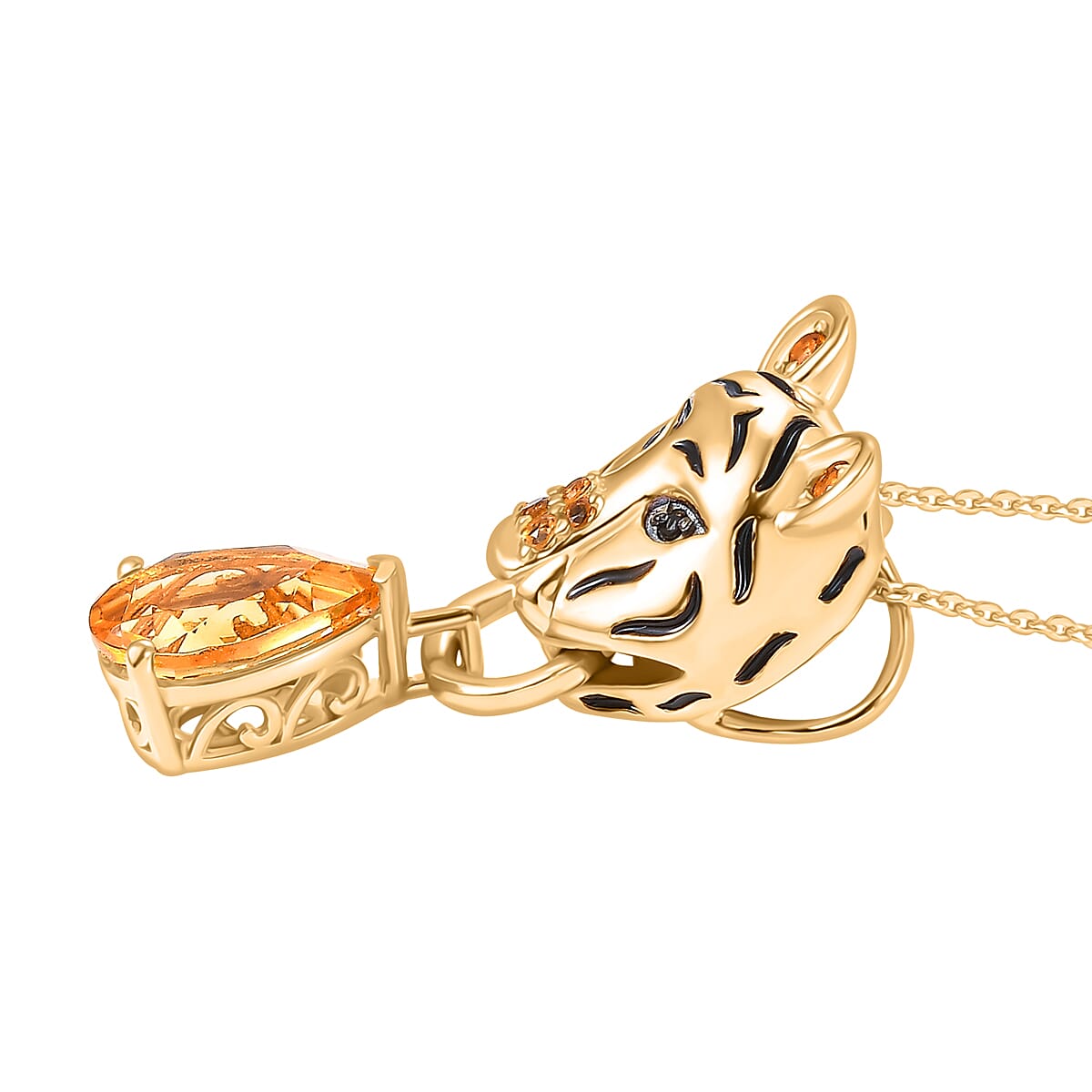 GP Tiger Totem Collection - Citrine & Black Spinel Tiger Head Pendant with Silver Chain (Size 20) in 18K Vermeil Yellow Gold Plated Sterlng Silver 2.94 Ct