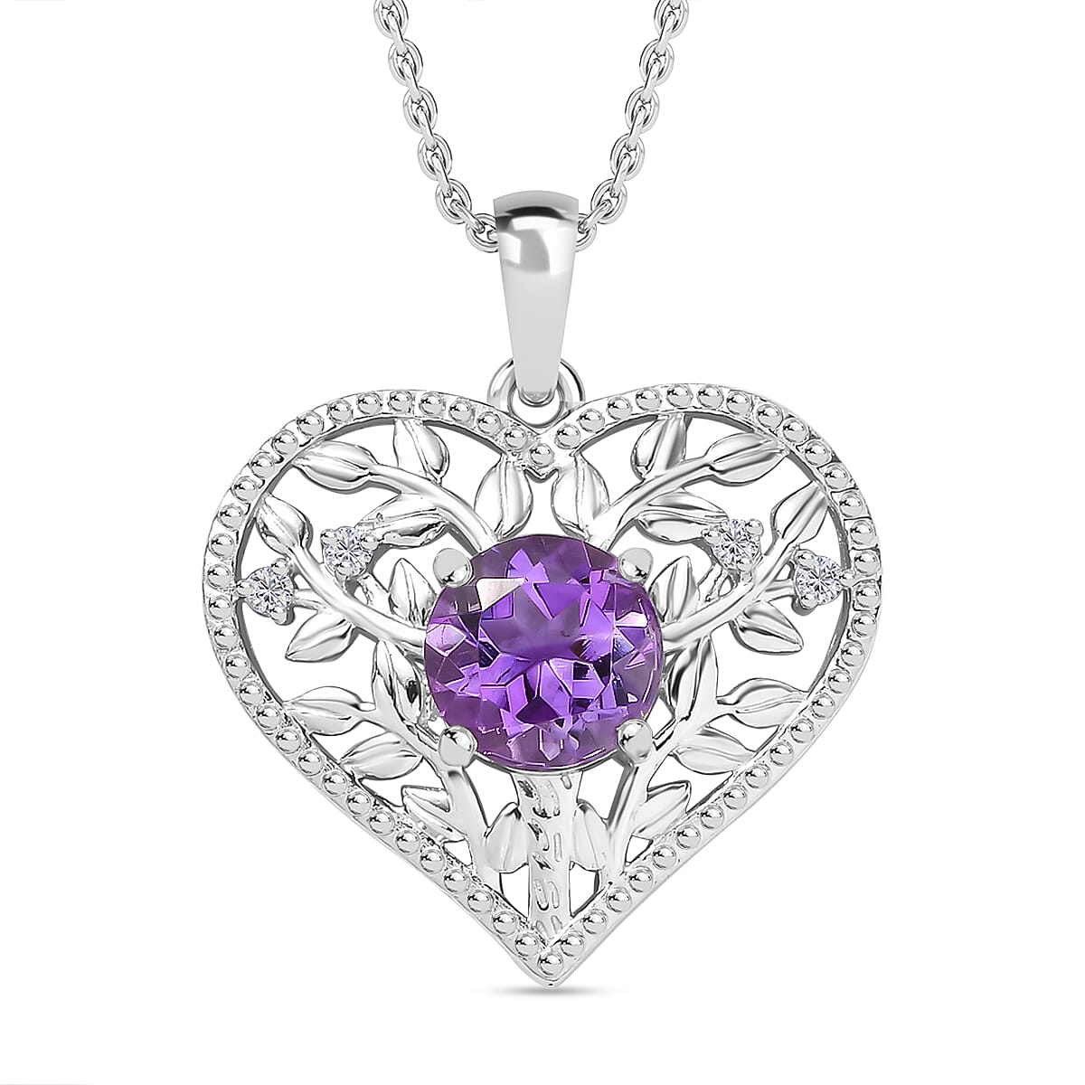 Tree of Life Inspired Natural Rose De Morocco Amethyst & White Zircon Pendant with Chain (Size 20) in Rhodium overlay Sterling Silver 1.980 Ct.