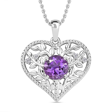 Tree of Life Inspired Natural Rose De Morocco Amethyst & White Zircon Pendant with Chain (Size 20) in Rhodium overlay Sterling Silver 1.980 Ct.