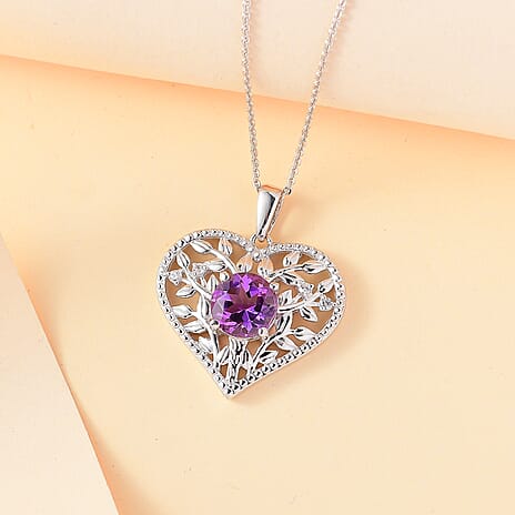 Tree of Life Inspired Natural Rose De Morocco Amethyst & White Zircon Pendant with Chain (Size 20) in Rhodium overlay Sterling Silver 1.980 Ct.