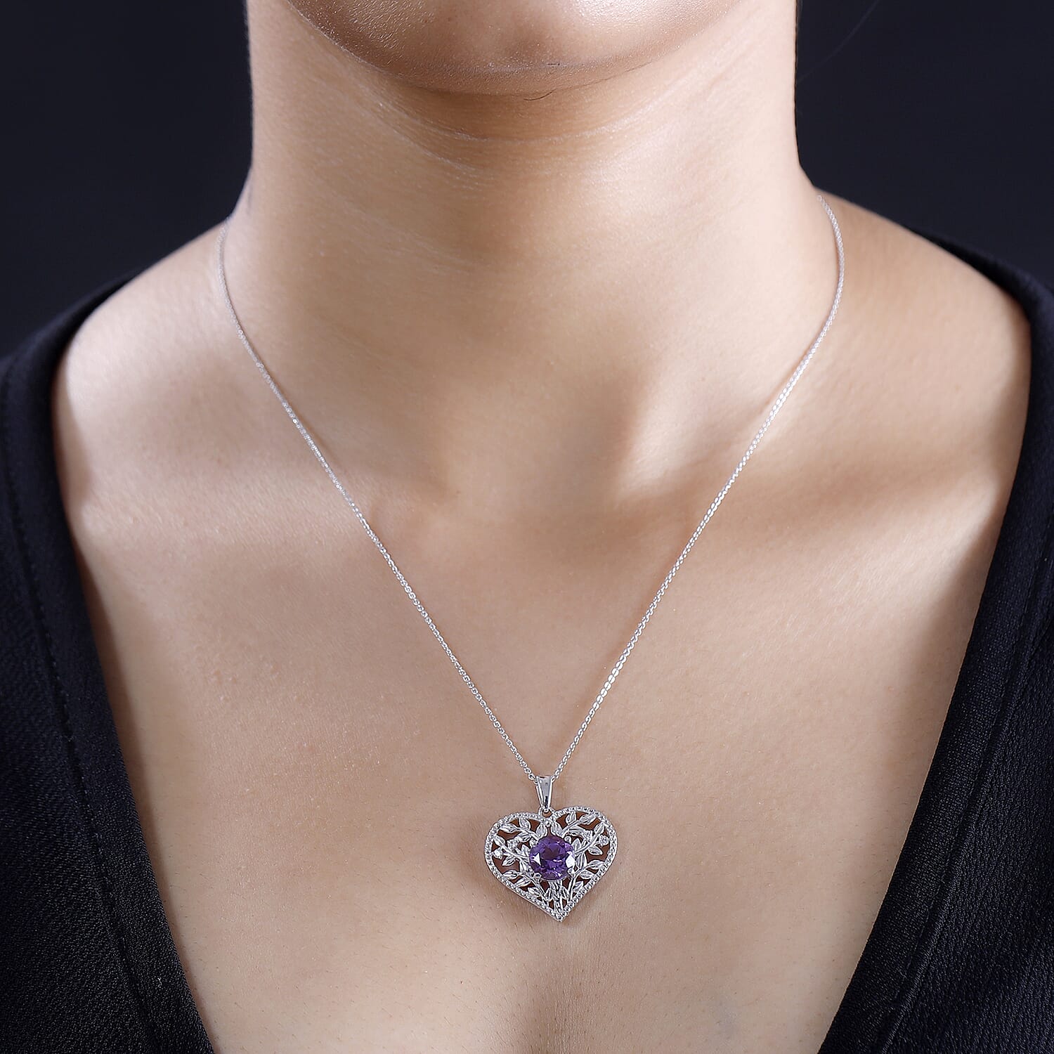 Tree of Life Inspired Natural Rose De Morocco Amethyst & White Zircon Pendant with Chain (Size 20) in Rhodium overlay Sterling Silver 1.980 Ct.