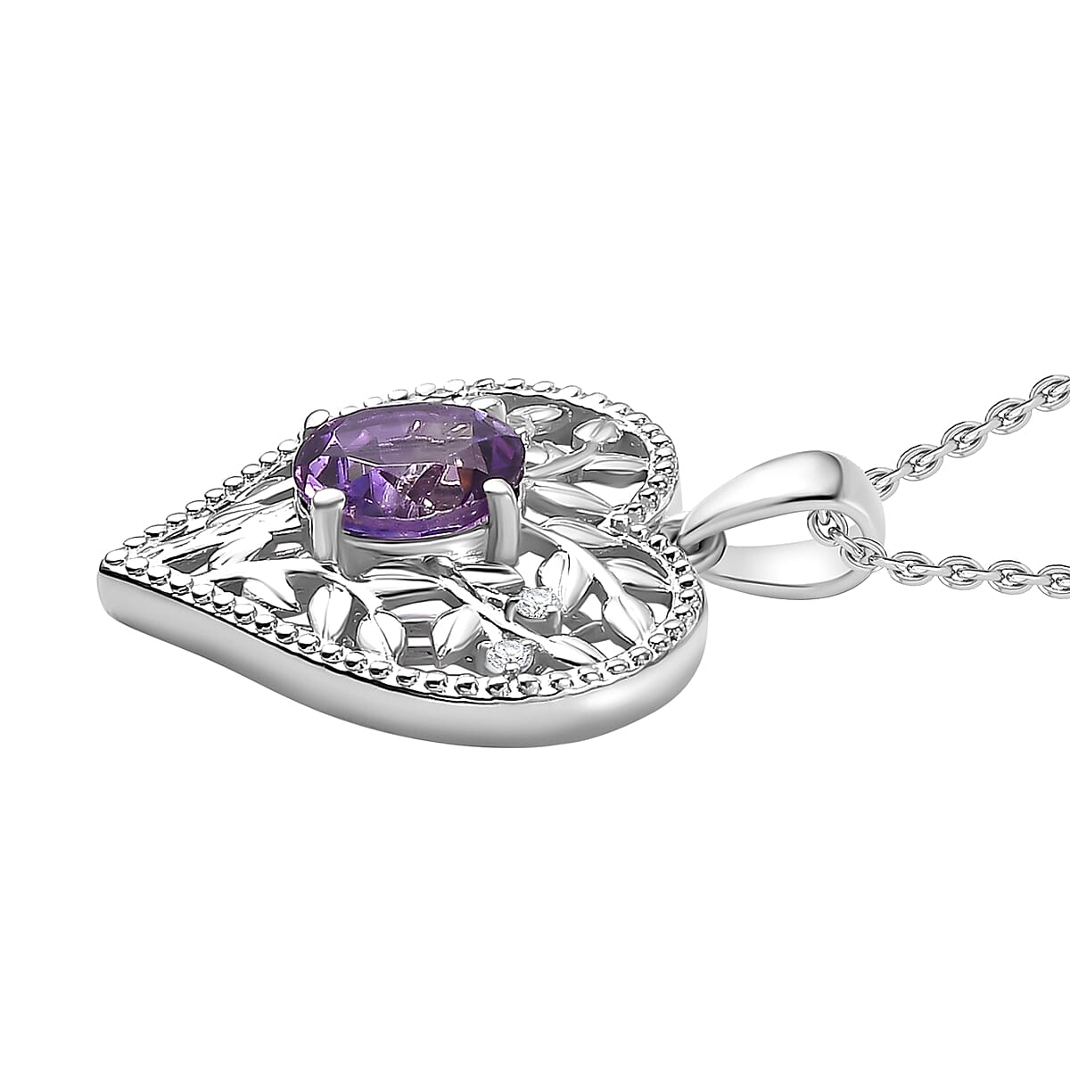 Tree of Life Inspired Natural Rose De Morocco Amethyst & White Zircon Pendant with Chain (Size 20) in Rhodium overlay Sterling Silver 1.980 Ct.